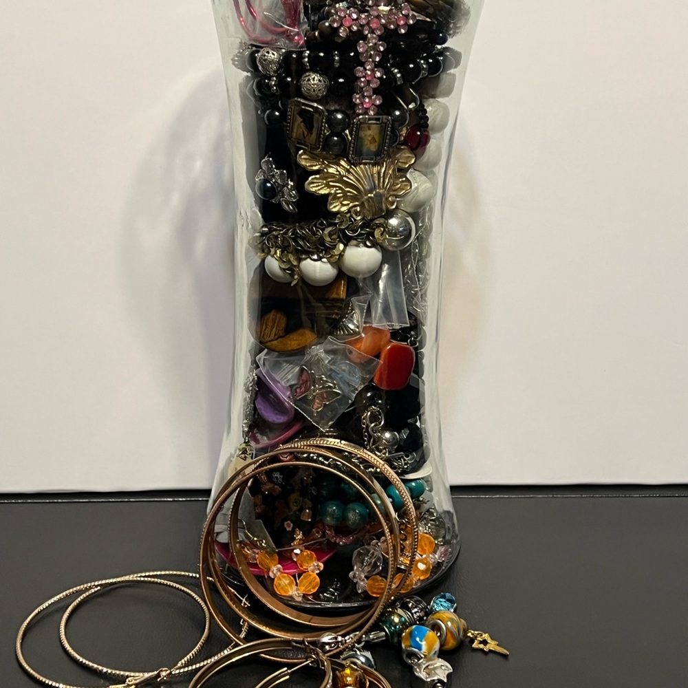 Jewelry Jar Large filled with Necklaces, Bracelets, Earrings and rings.